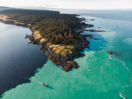 The aerial view of a point of land surrounded by ocean with a light blue area of water due to herring spawn.